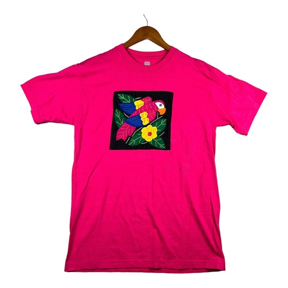 Vintage My Name is Panama Embroidered Parrot Pink Flowers T Shirt sz M - Picture 1 of 4